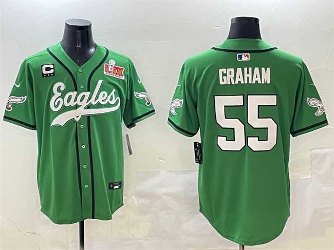 Mens Philadelphia Eagles #55 Brandon Graham Green 2025 Super Bowl LIX And 3-Star C Patch Stitched Baseball Jersey